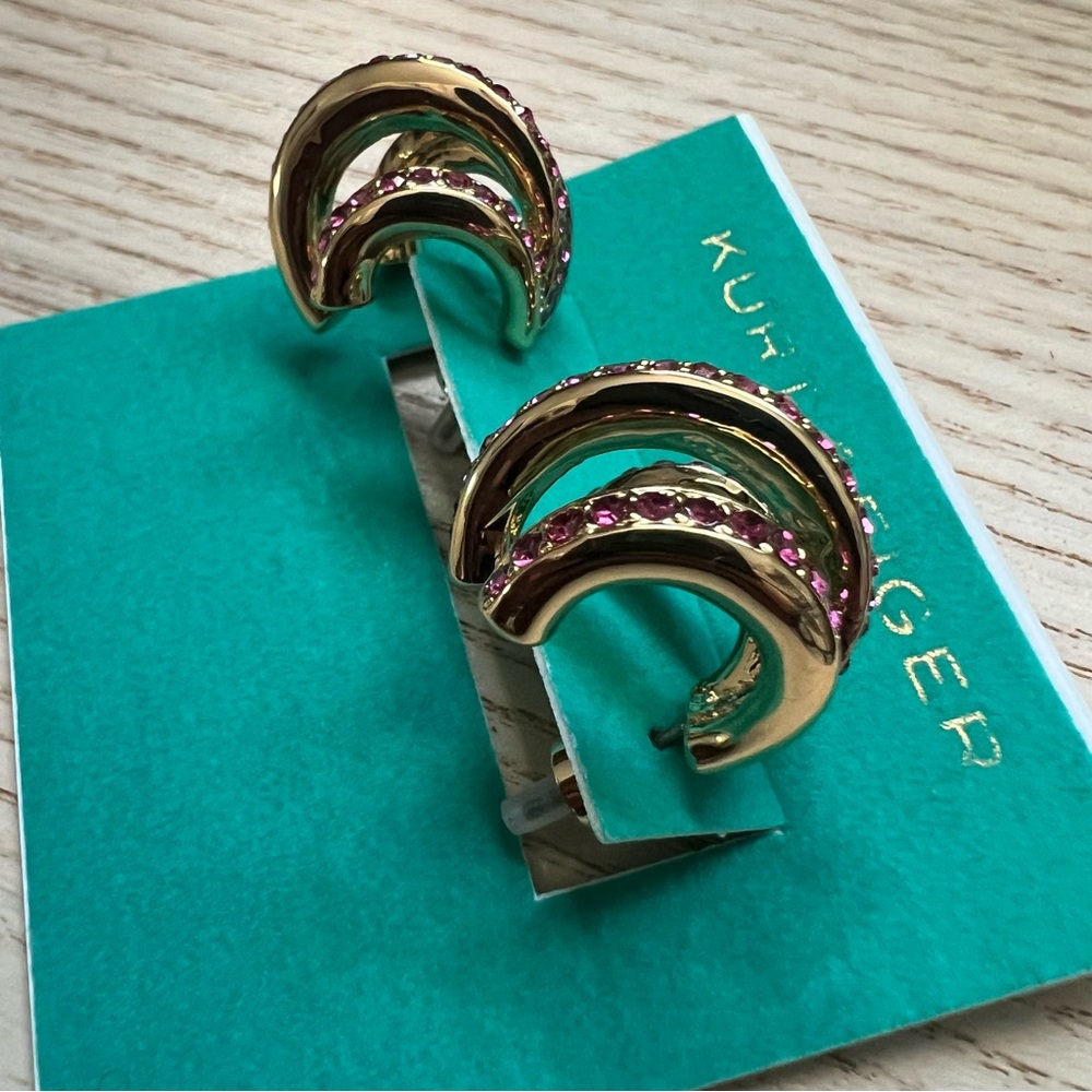NEW KURT GEIGER Pavé Crystal Triple Huggie Hoop Earrings Gold Pink - Picture 6 of 9